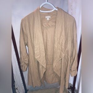 Jules & Leopold Casual sz S open front 3/4 roushed sleeve tan linen jacket
